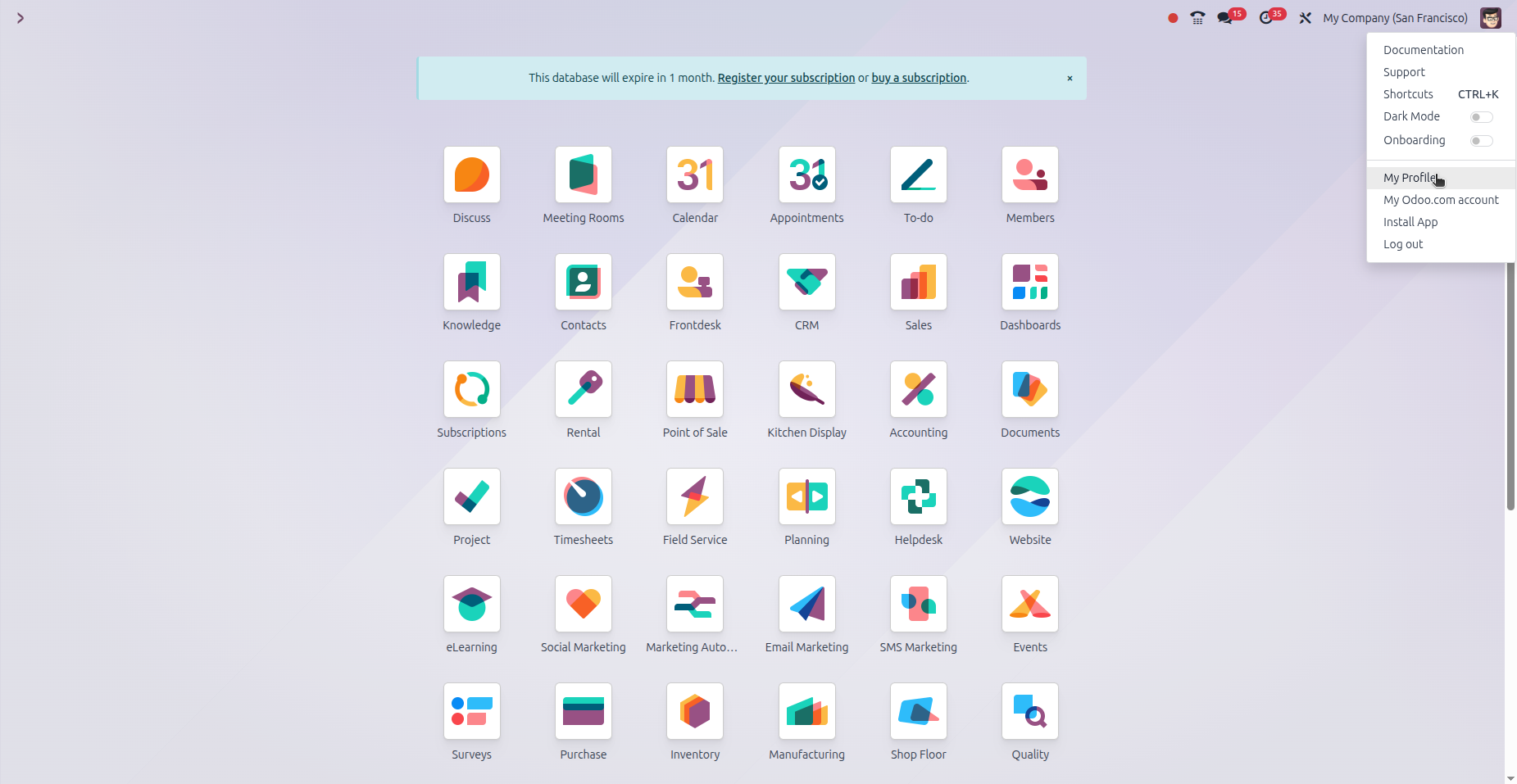 Menu de perfil do Odoo mostrando a opção My Profile