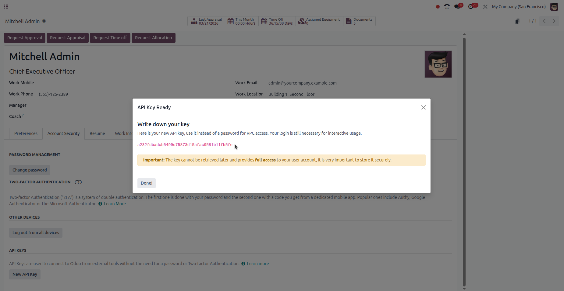 Chave de API gerada no Odoo 17