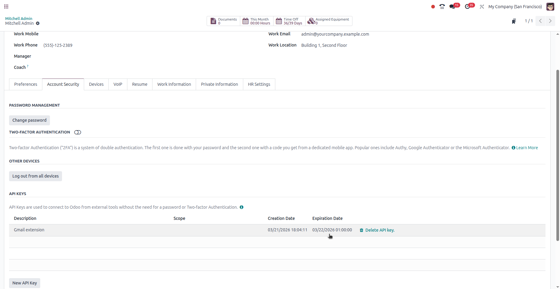 Aba Account Security mostrando chaves de API com coluna de data de expiração no Odoo 18