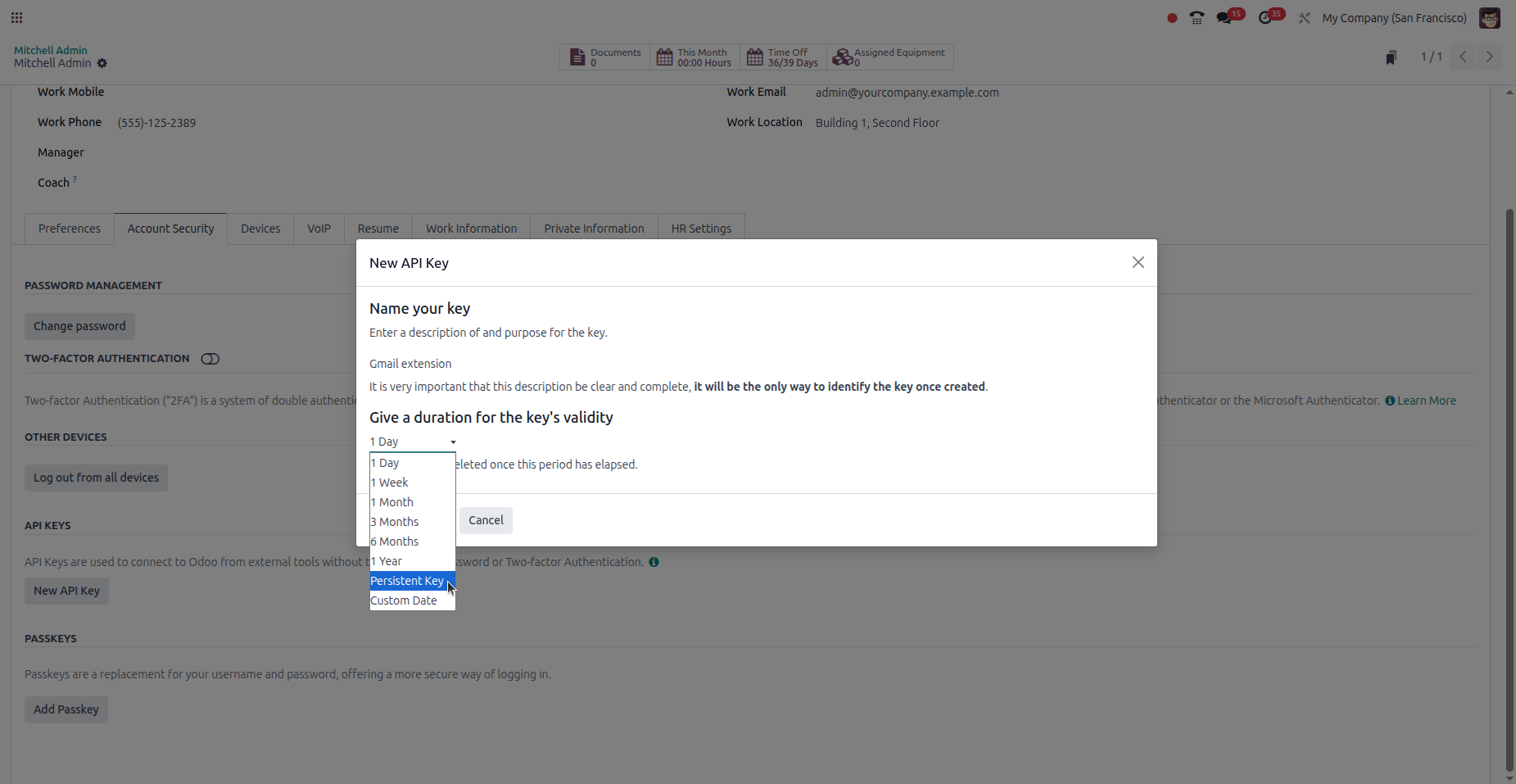 Assistente de criação de chave de API com seletor de duração no Odoo 18