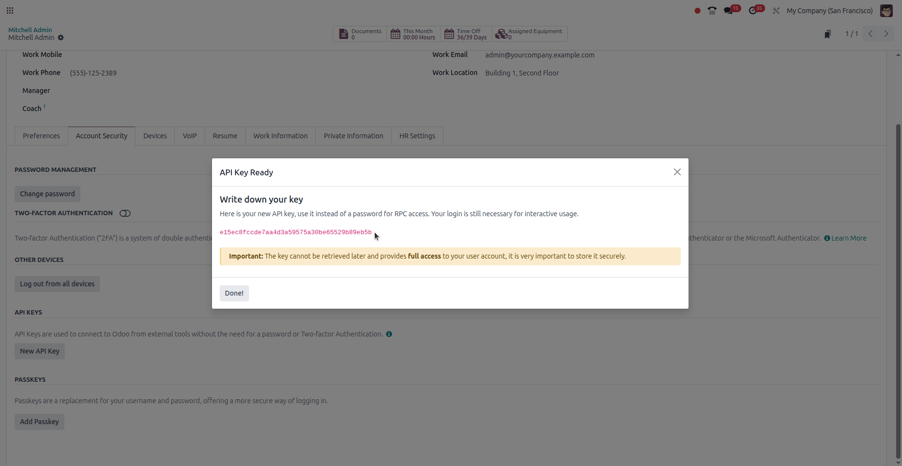 Chave de API gerada no Odoo 18