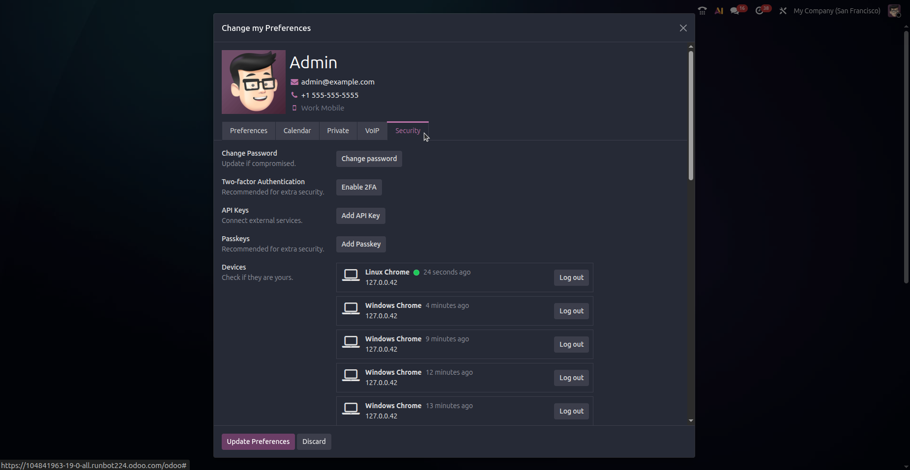 Aba Security mostrando chaves de API em visualização kanban no Odoo 19