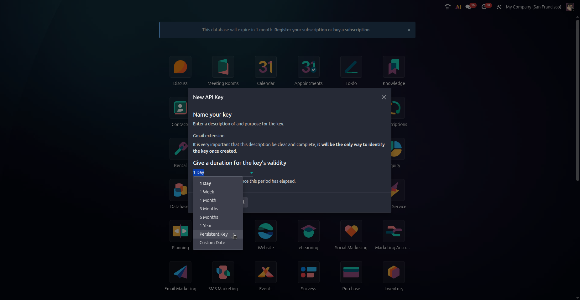 Assistente de criação de chave de API com seletor de duração no Odoo 19