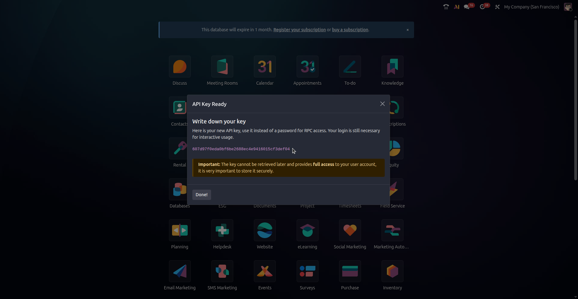 Chave de API gerada no Odoo 19