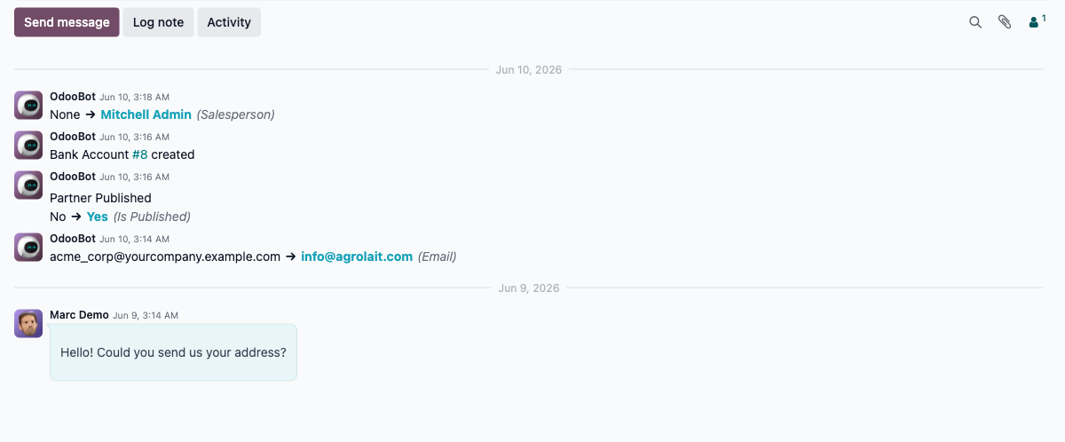 Chatter na rekordzie kontaktu Odoo: wiadomości, notatki i czynności