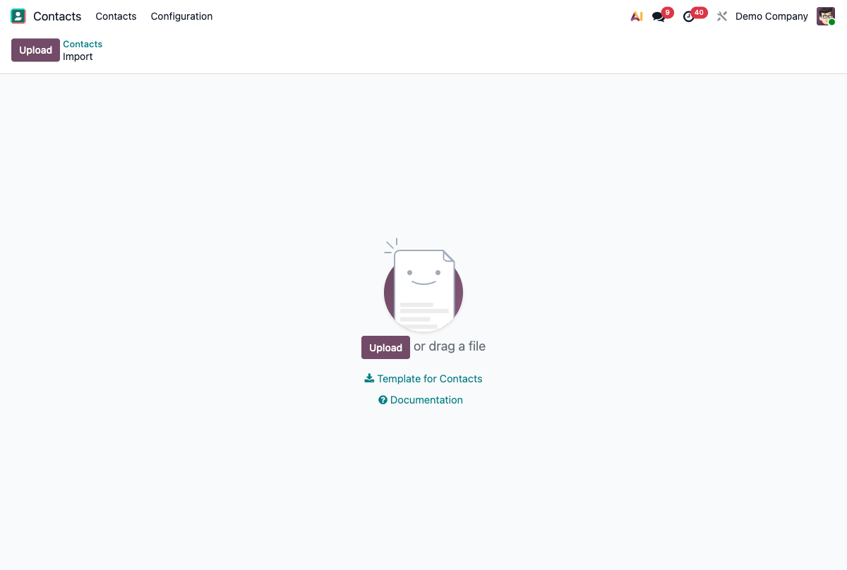 Ekran importu kontaktów w Odoo, z szablonem pliku do pobrania