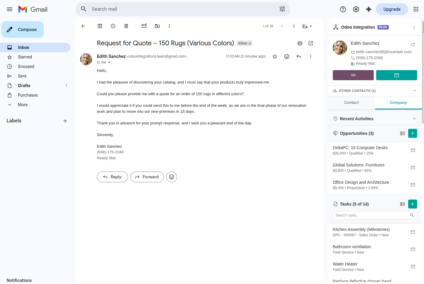 Odoo Integration for Gmail — sidebar showing contact info, CRM opportunities, and tasks inside Gmail